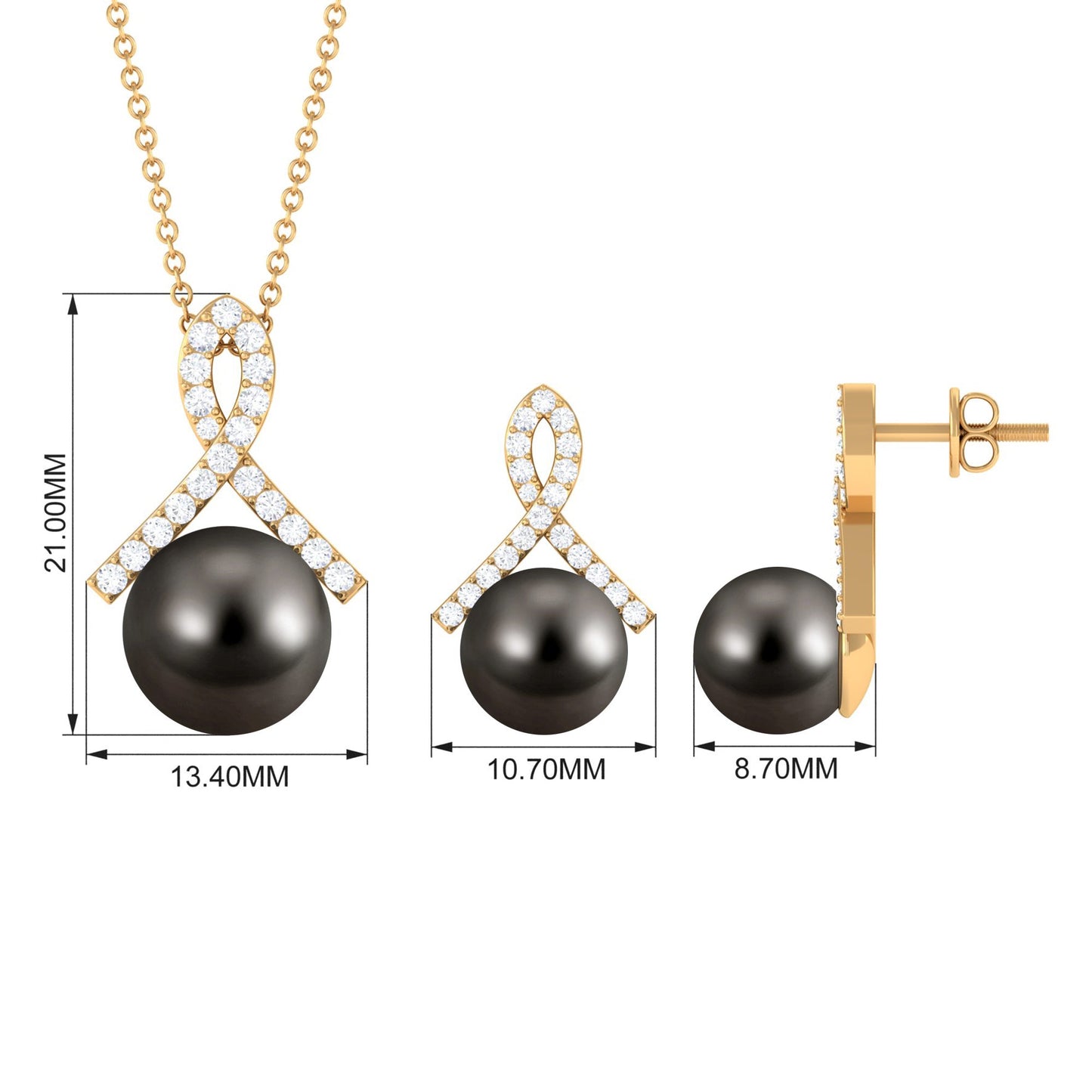 Solitaire Tahitian Pearl Pendant and Earrings Set with Moissanite