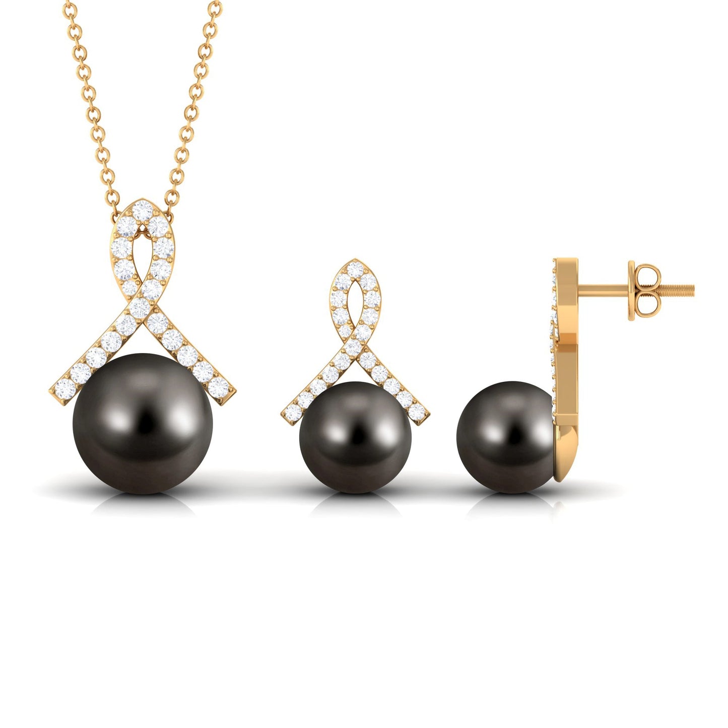 Solitaire Tahitian Pearl Pendant and Earrings Set with Moissanite