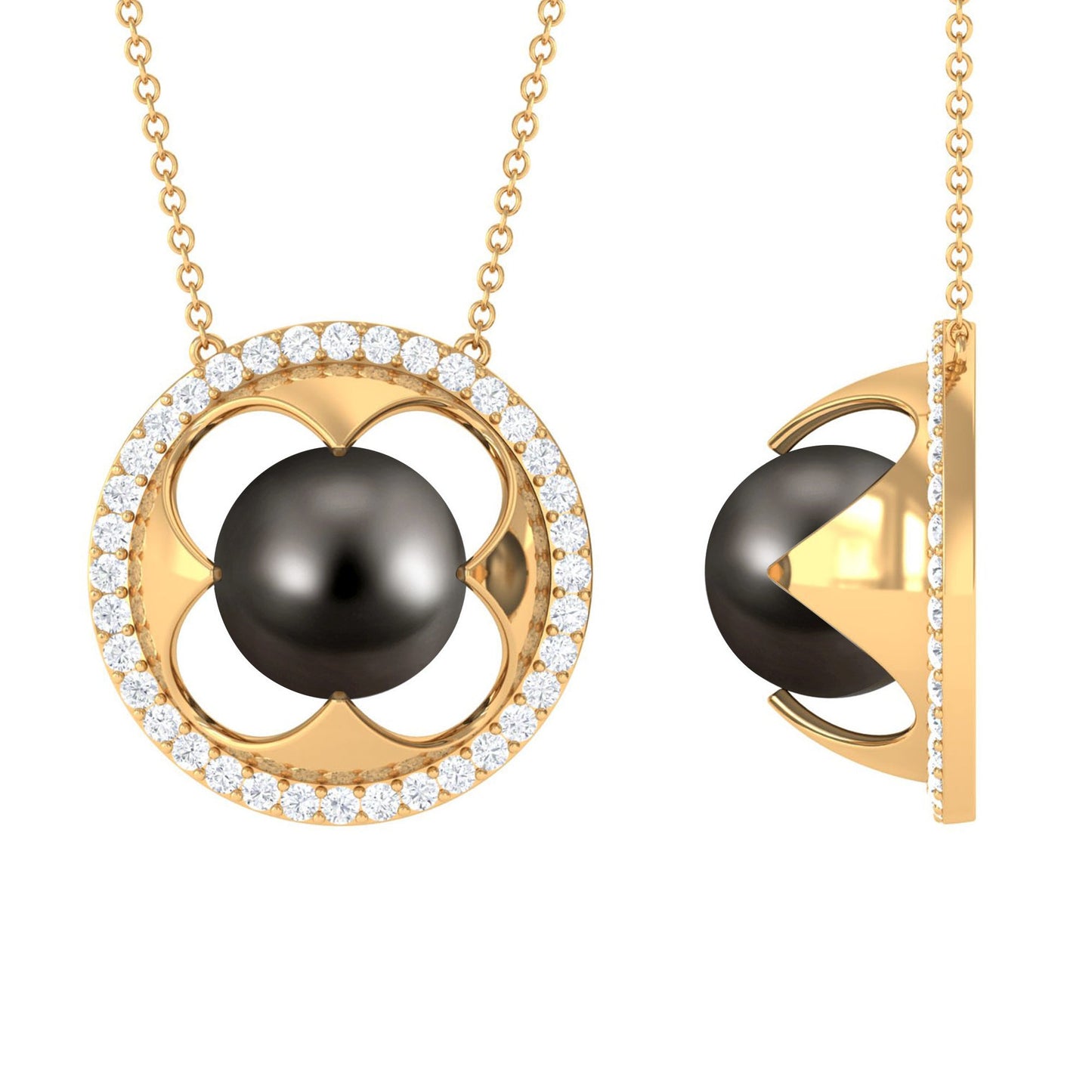 8.50 CT Solitaire Tahitian Pearl and Diamond Flower Necklace