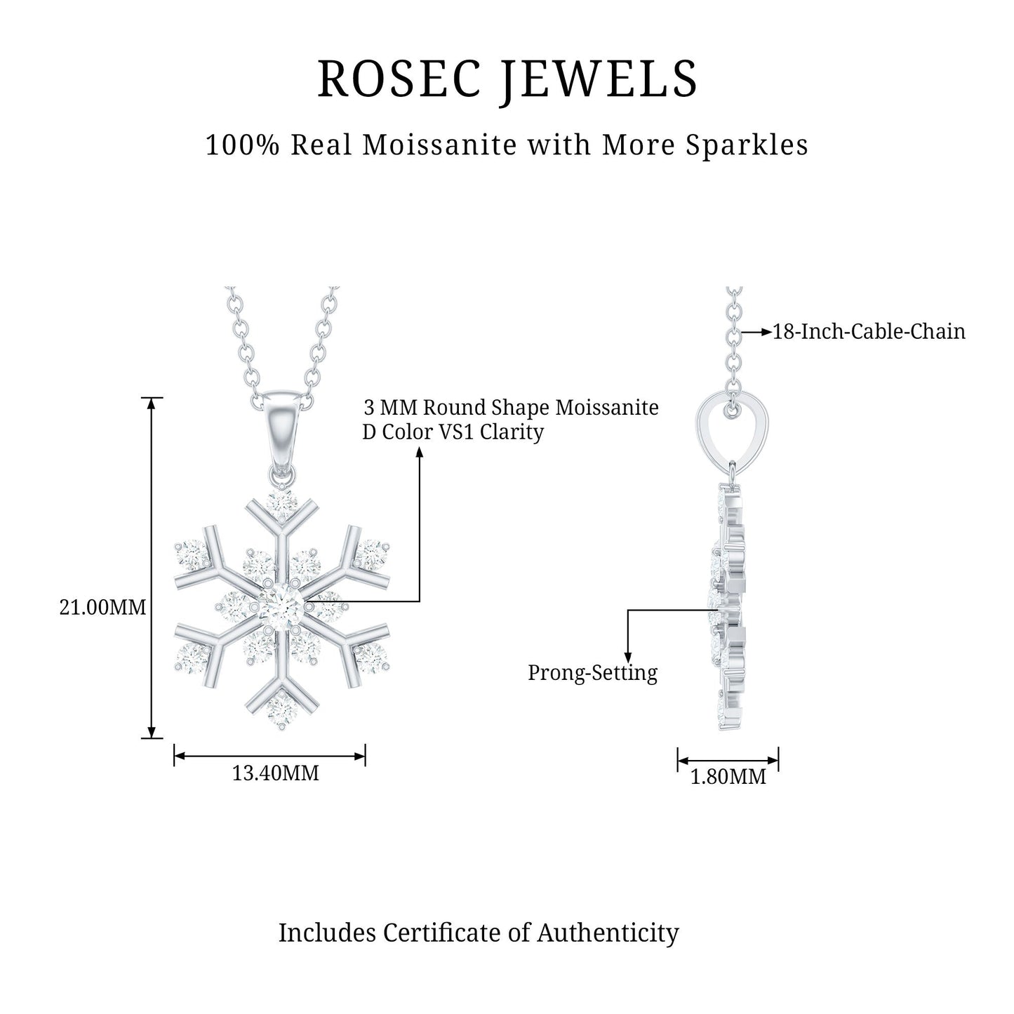 Certified Moissanite Snowflake Pendant Necklace for Women