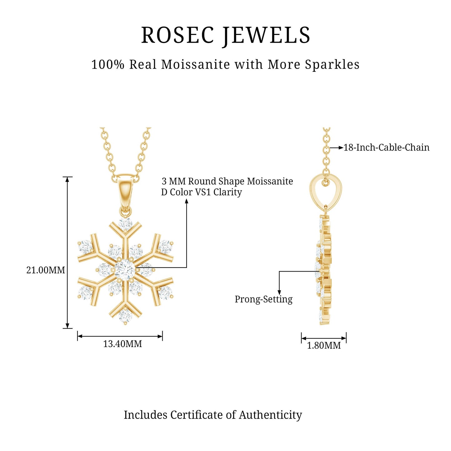 Certified Moissanite Snowflake Pendant Necklace for Women