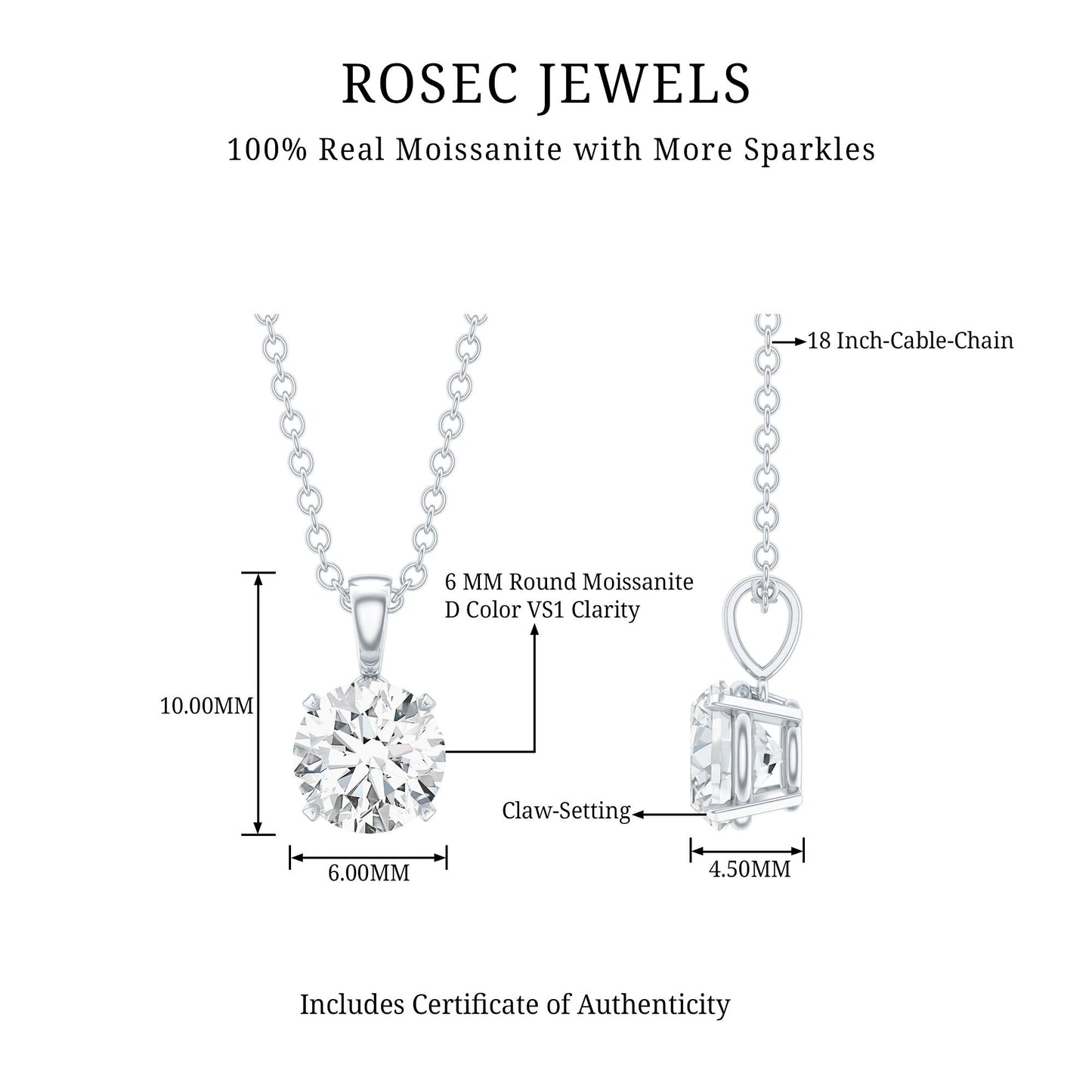 1 CT Certified Moissanite Solitaire Pendant in Claw Set
