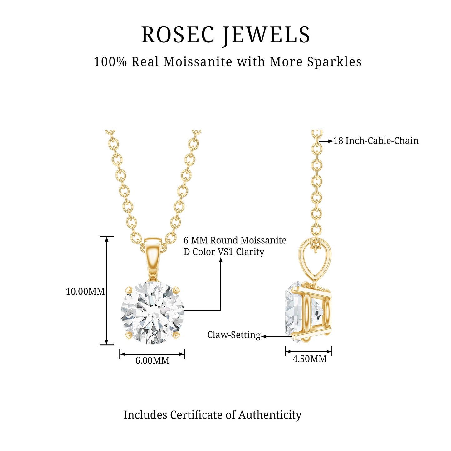 1 CT Certified Moissanite Solitaire Pendant in Claw Set