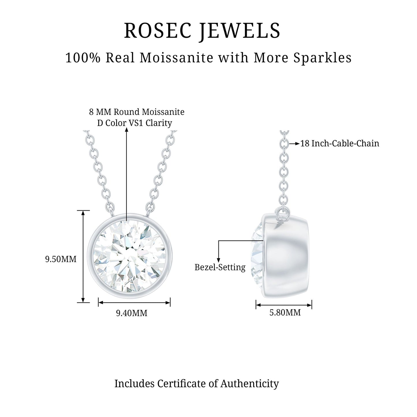 2 Carat Certified Moissanite Solitaire Necklace in Bezel Setting