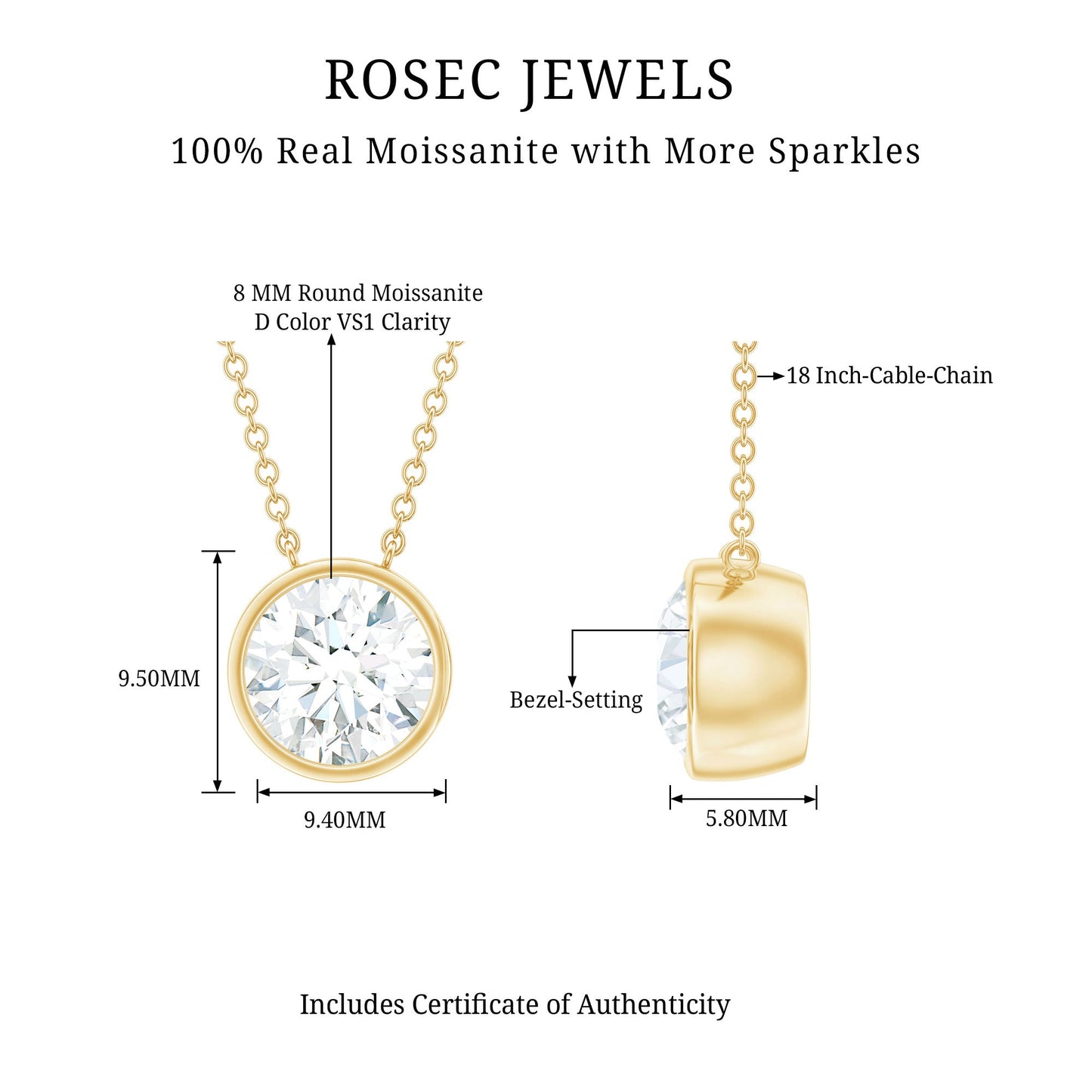2 Carat Certified Moissanite Solitaire Necklace in Bezel Setting
