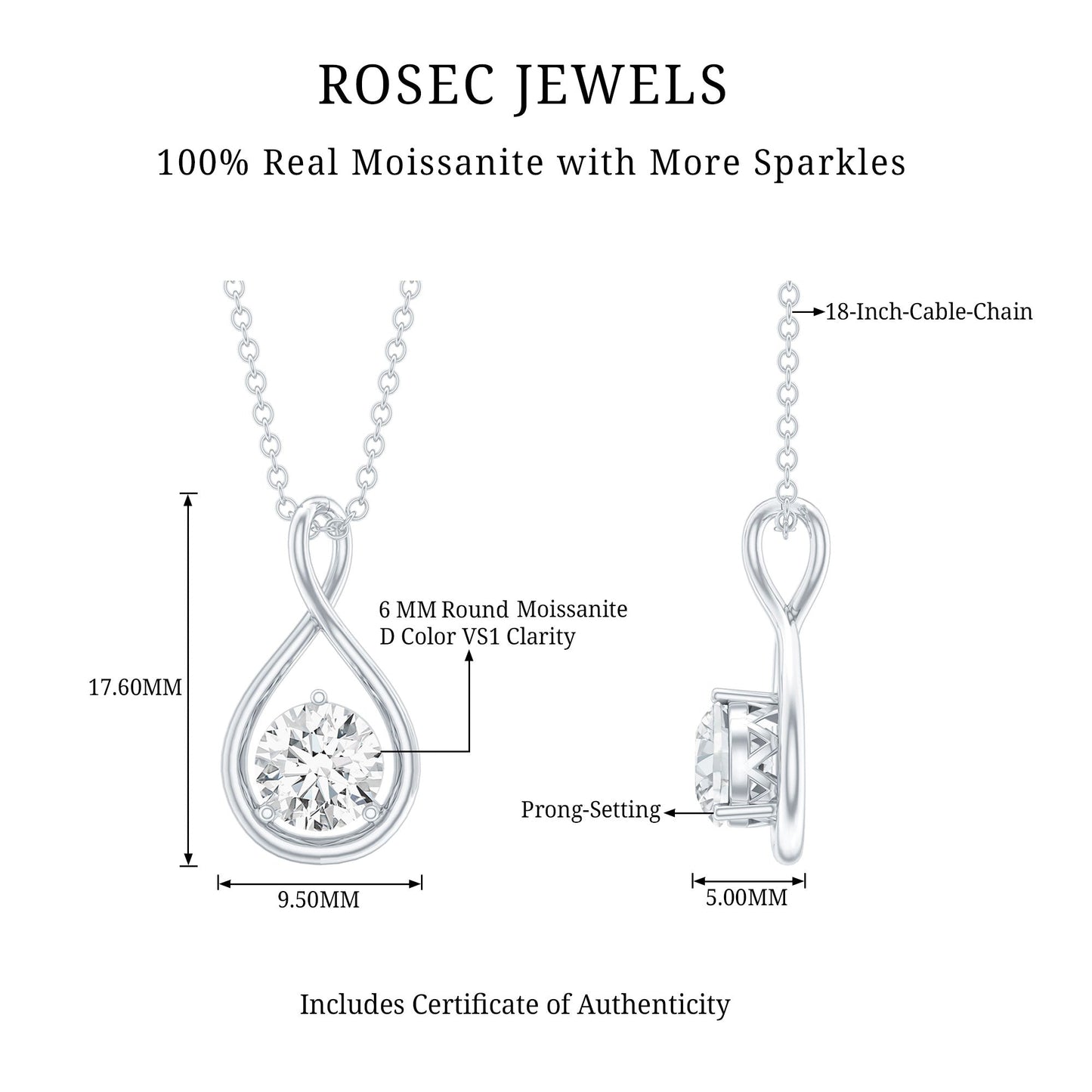 Certified Moissanite Solitaire Infinity Pendant