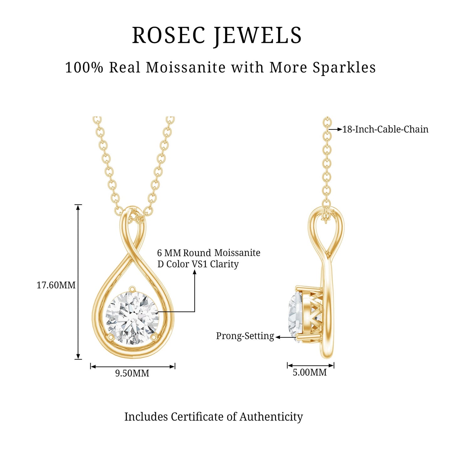 Certified Moissanite Solitaire Infinity Pendant