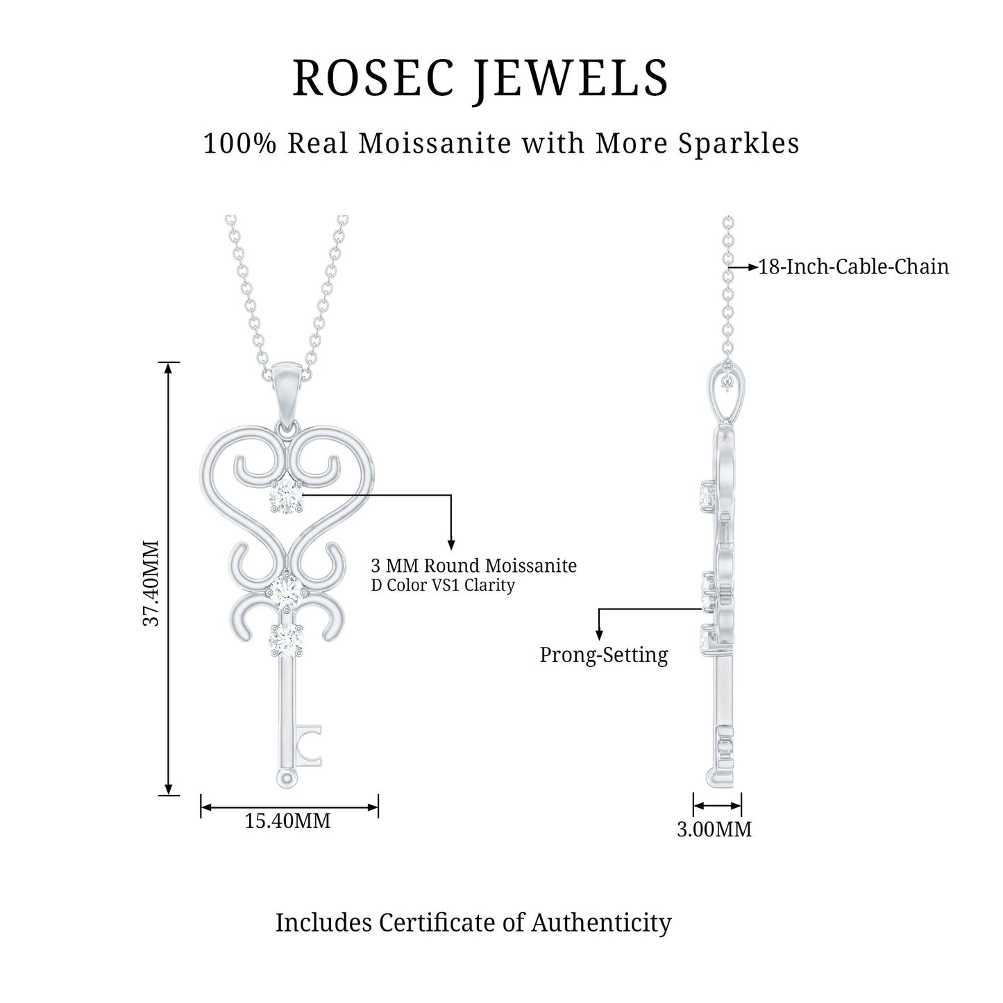 Vintage Moissanite Key Shape Pendant