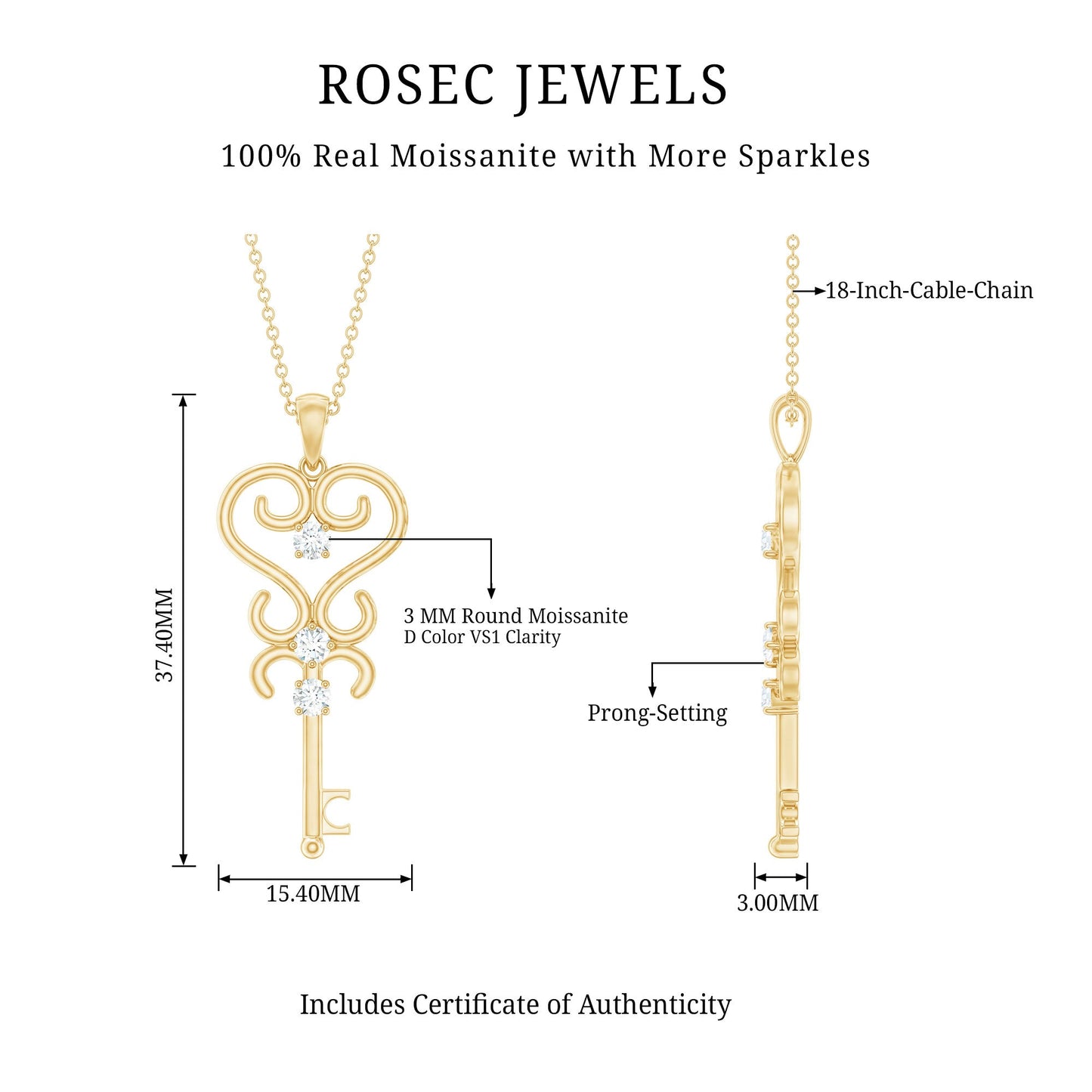 Vintage Moissanite Key Shape Pendant