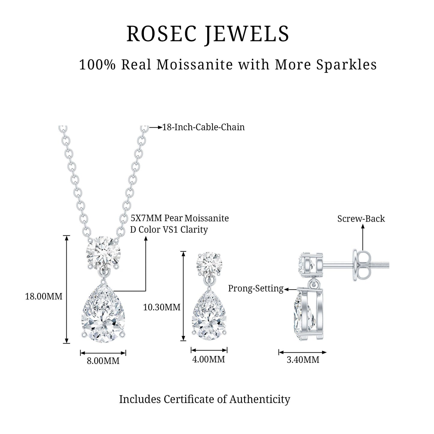 2.5 CT Moissanite Teardrop Two Stone Jewelry Set