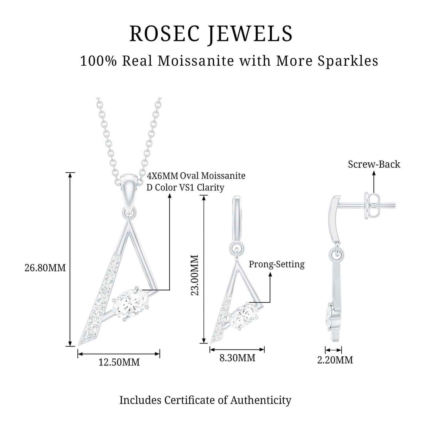 Certified Moissanite Triangle Necklace With Earrings