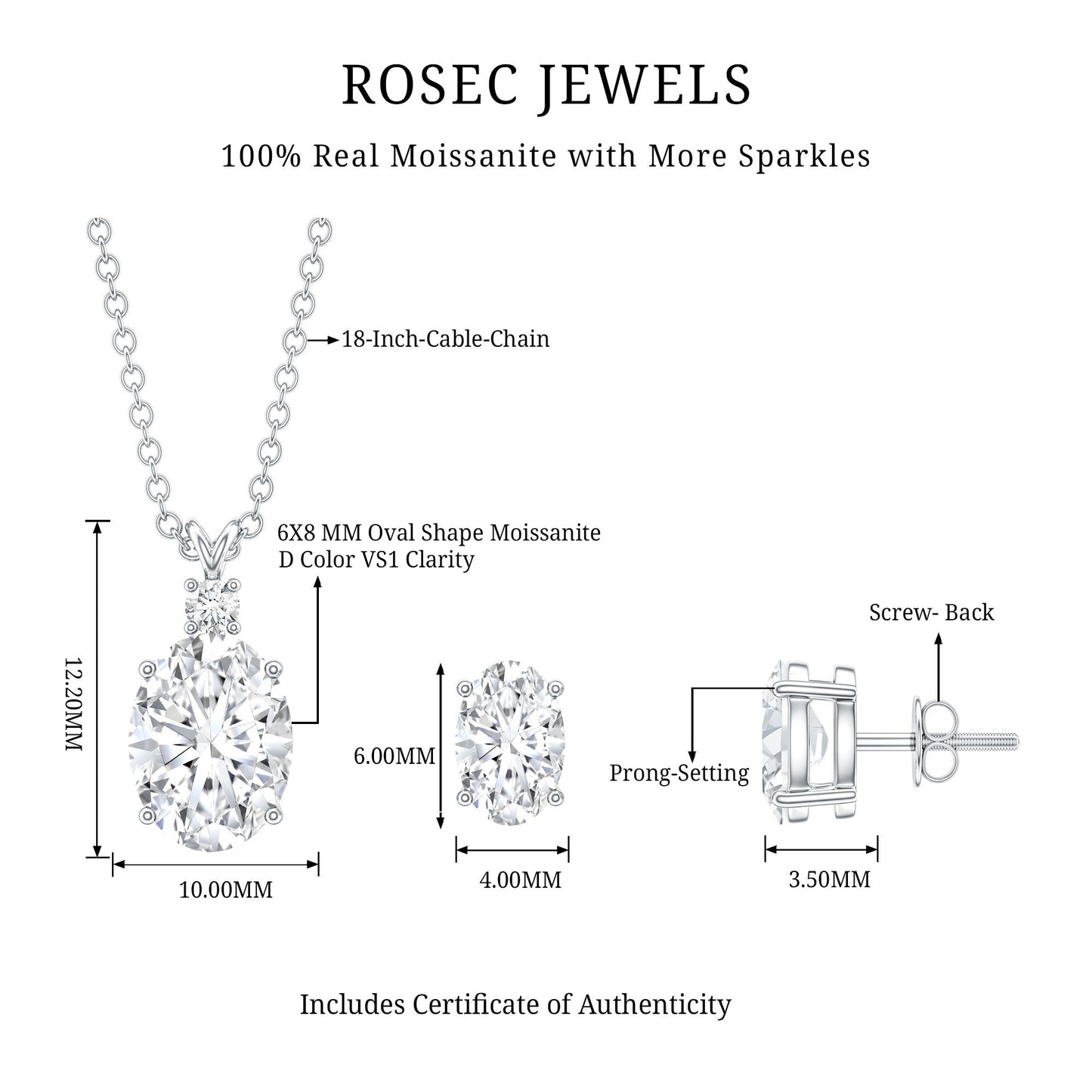Certified 2 Carat Moissanite Oval Necklace and Earrings Set