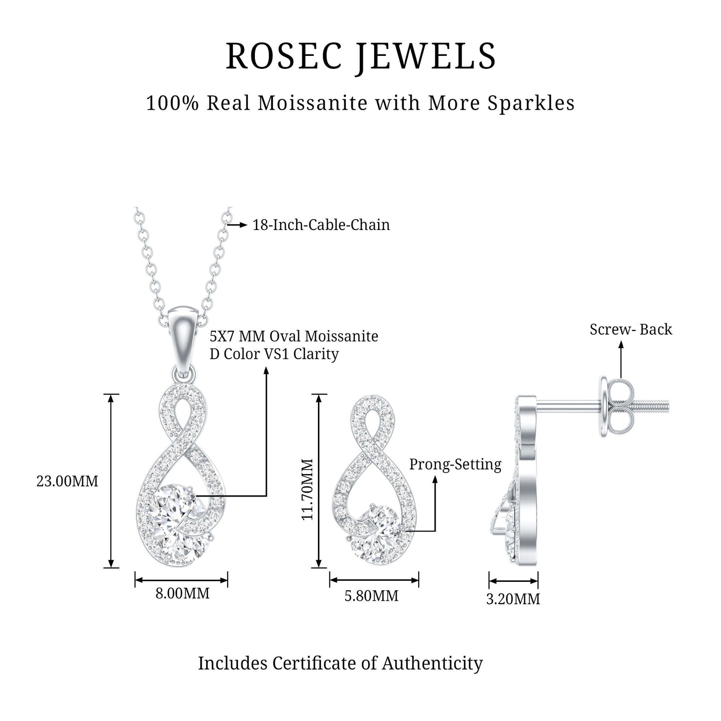 Certified Moissanite Infinity Pendant Necklace and Earring Set
