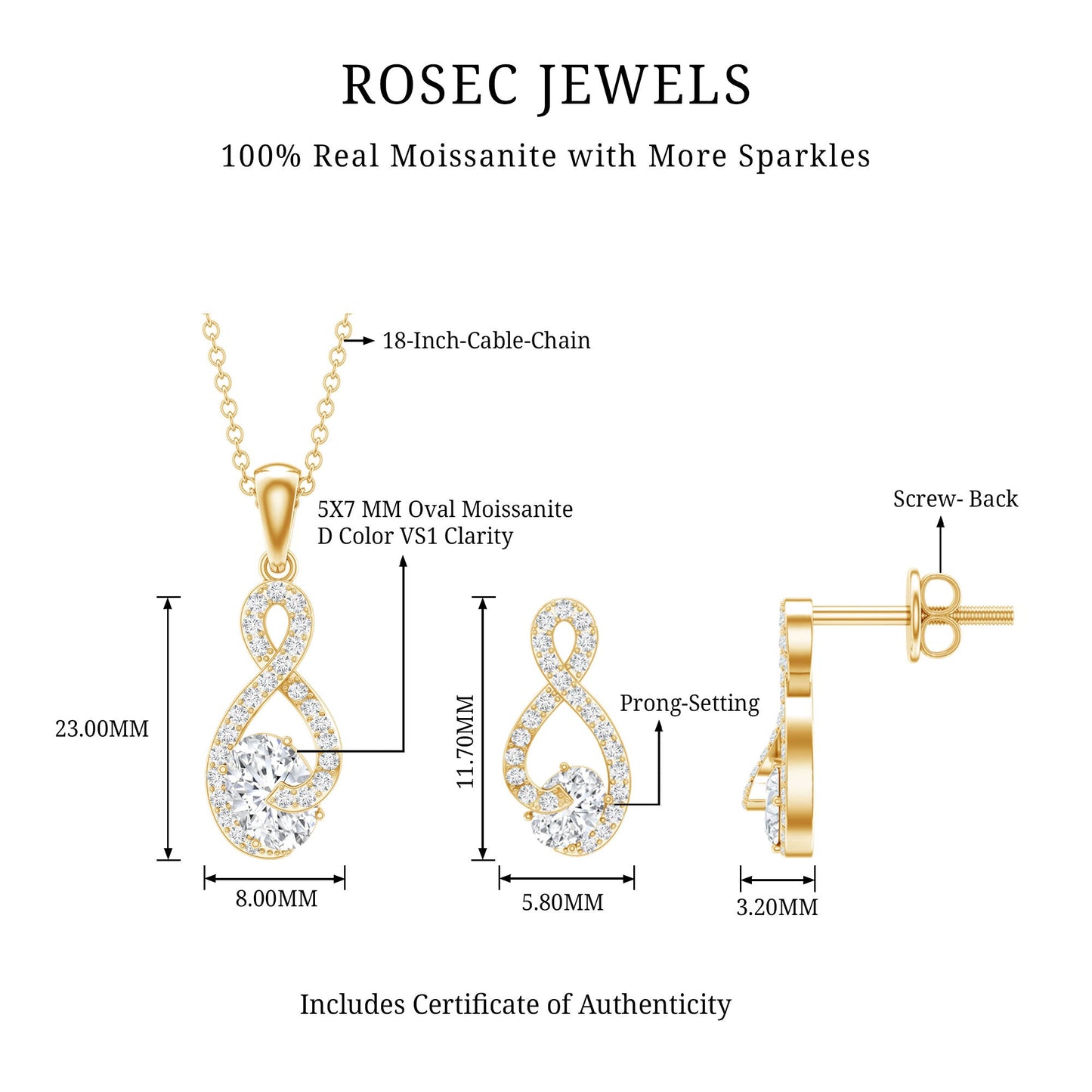 Certified Moissanite Infinity Pendant Necklace and Earring Set