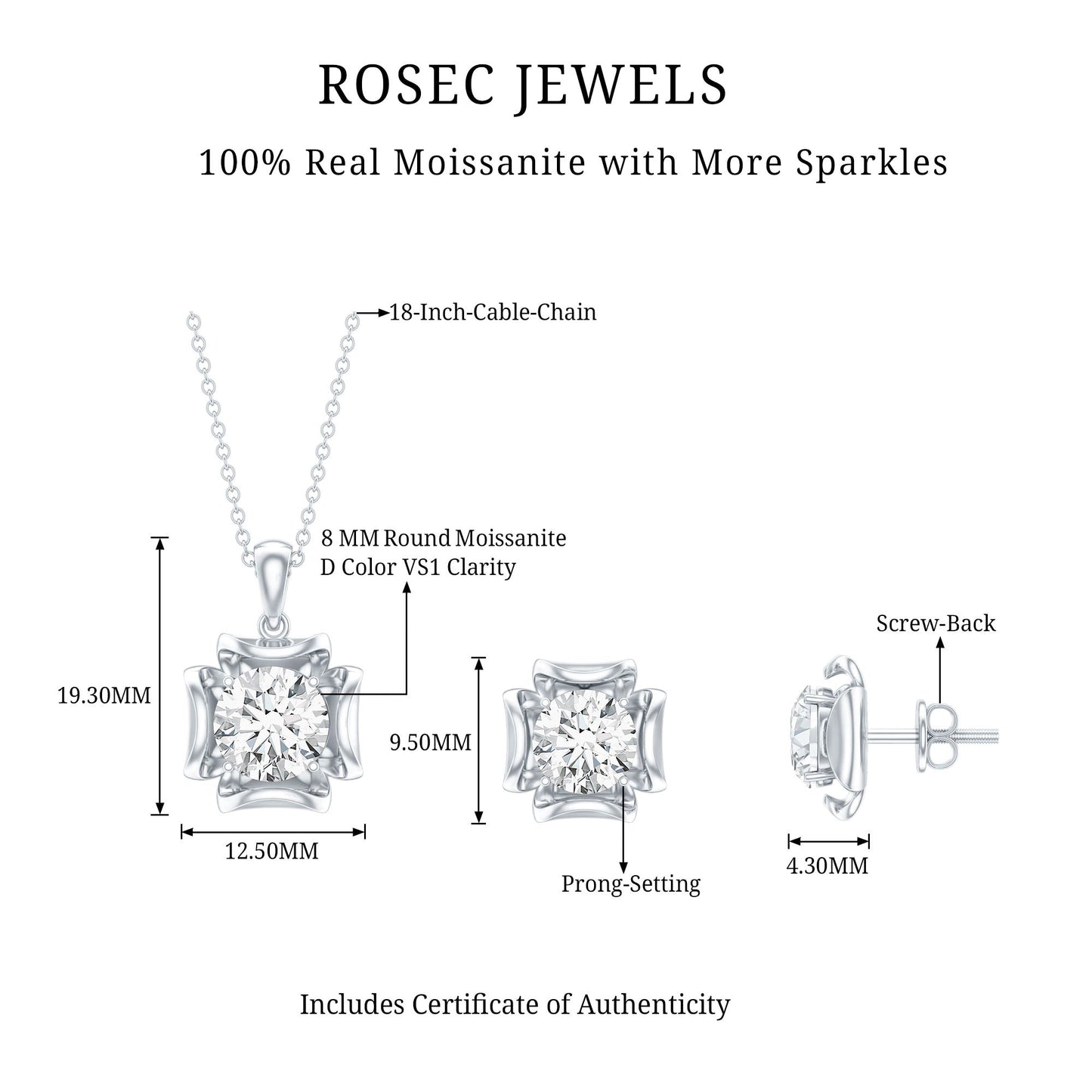 4 CT Round Shape Moissanite Solitaire Jewelry Set