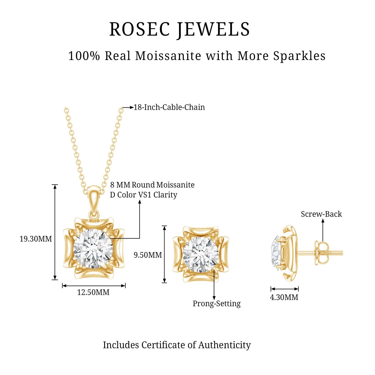 4 CT Round Shape Moissanite Solitaire Jewelry Set