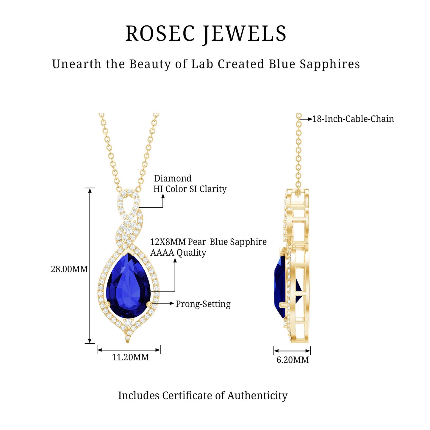 Pear Cut Created Blue Sapphire and Diamond Teardrop Pendant