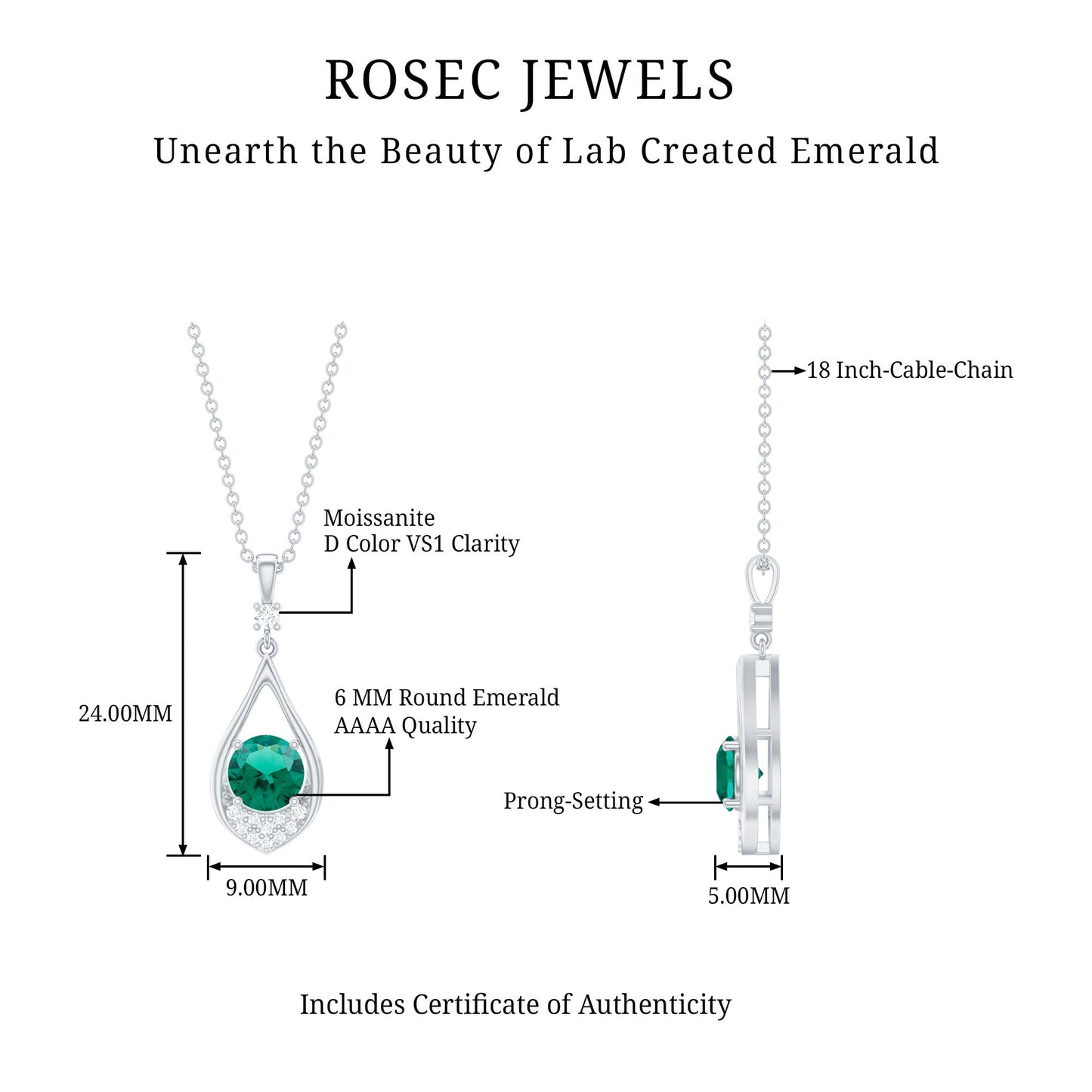 Lab Grown Emerald Moissanite Teardrop Necklace with Silver Chain
