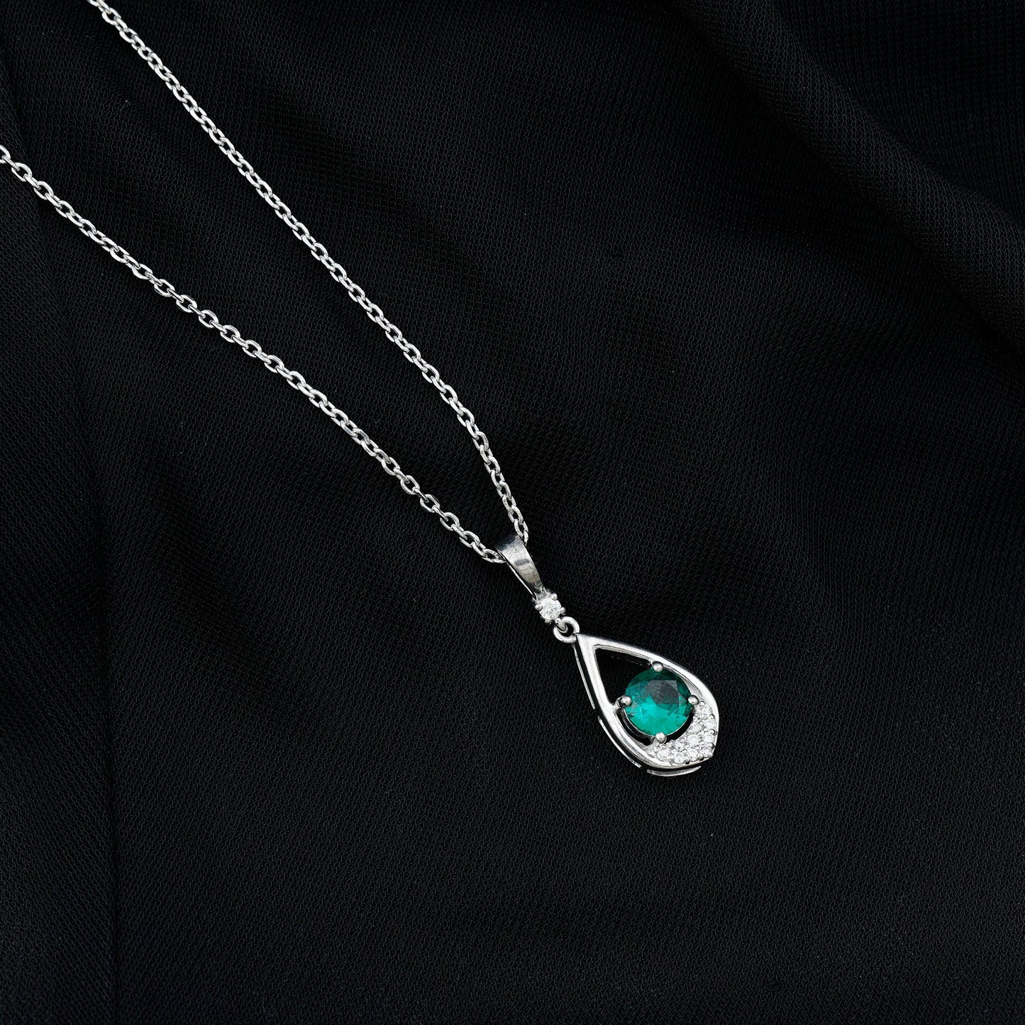 Lab Grown Emerald Moissanite Teardrop Necklace with Silver Chain