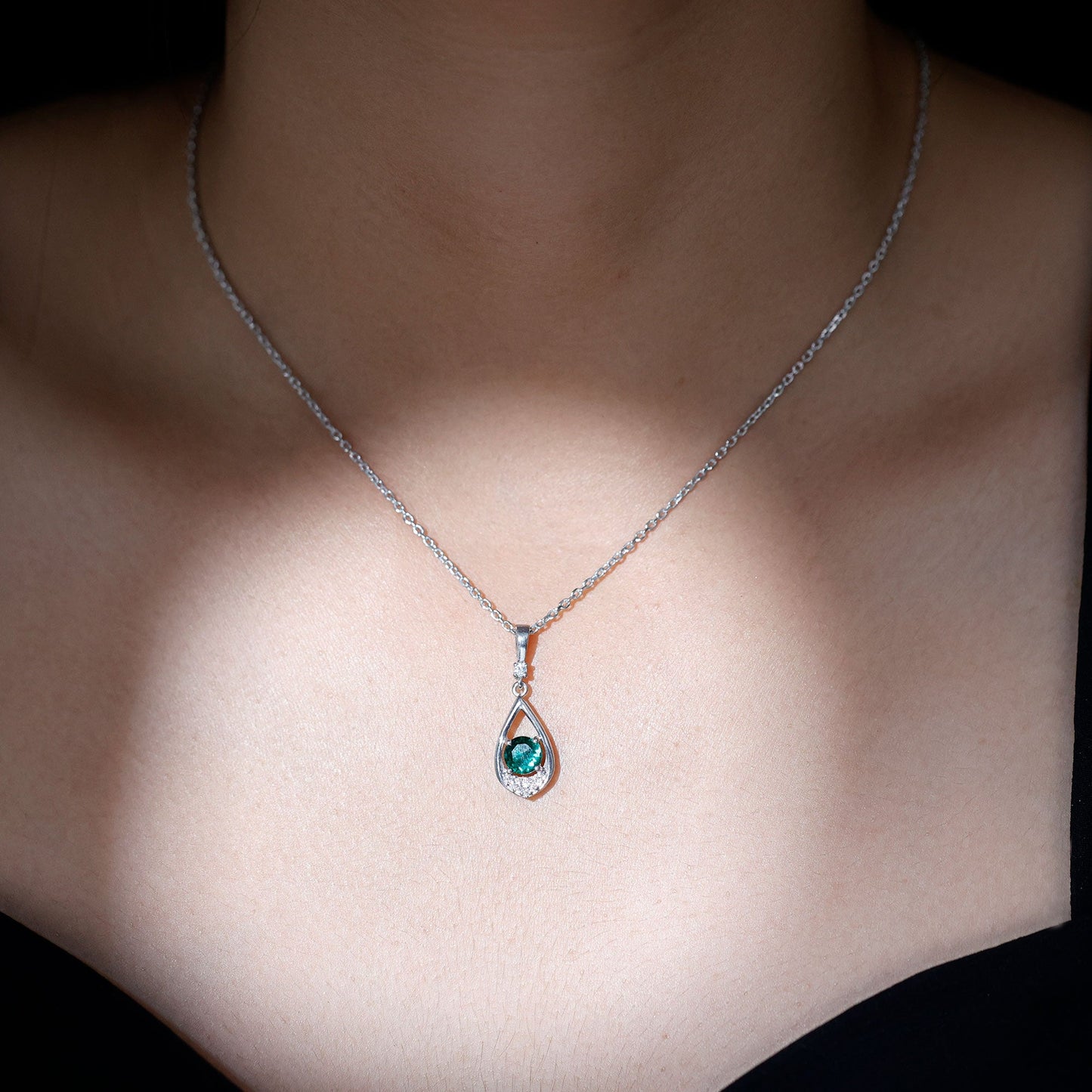 Lab Grown Emerald Moissanite Teardrop Necklace with Silver Chain