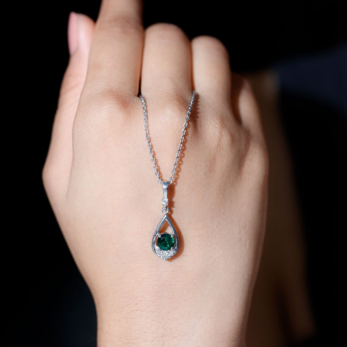 Lab Grown Emerald Moissanite Teardrop Necklace with Silver Chain