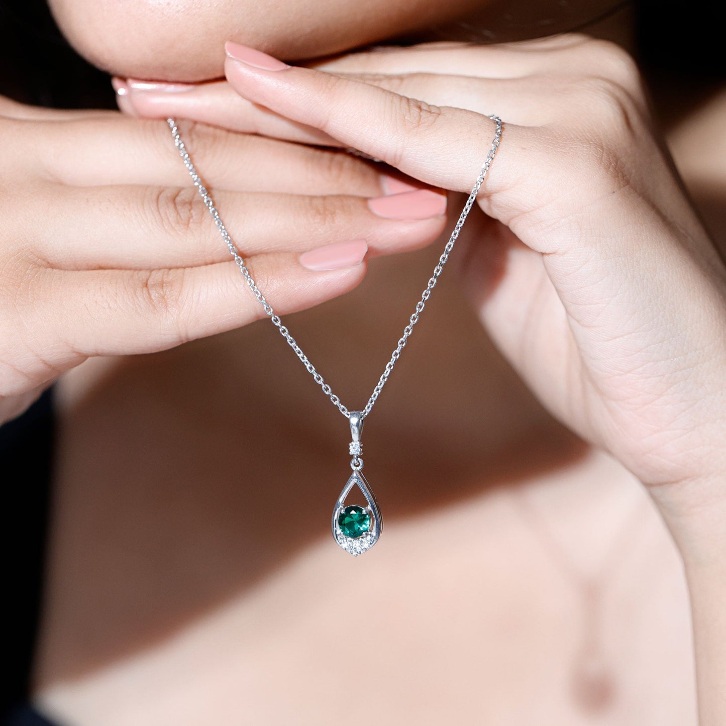 Lab Grown Emerald Moissanite Teardrop Necklace with Silver Chain