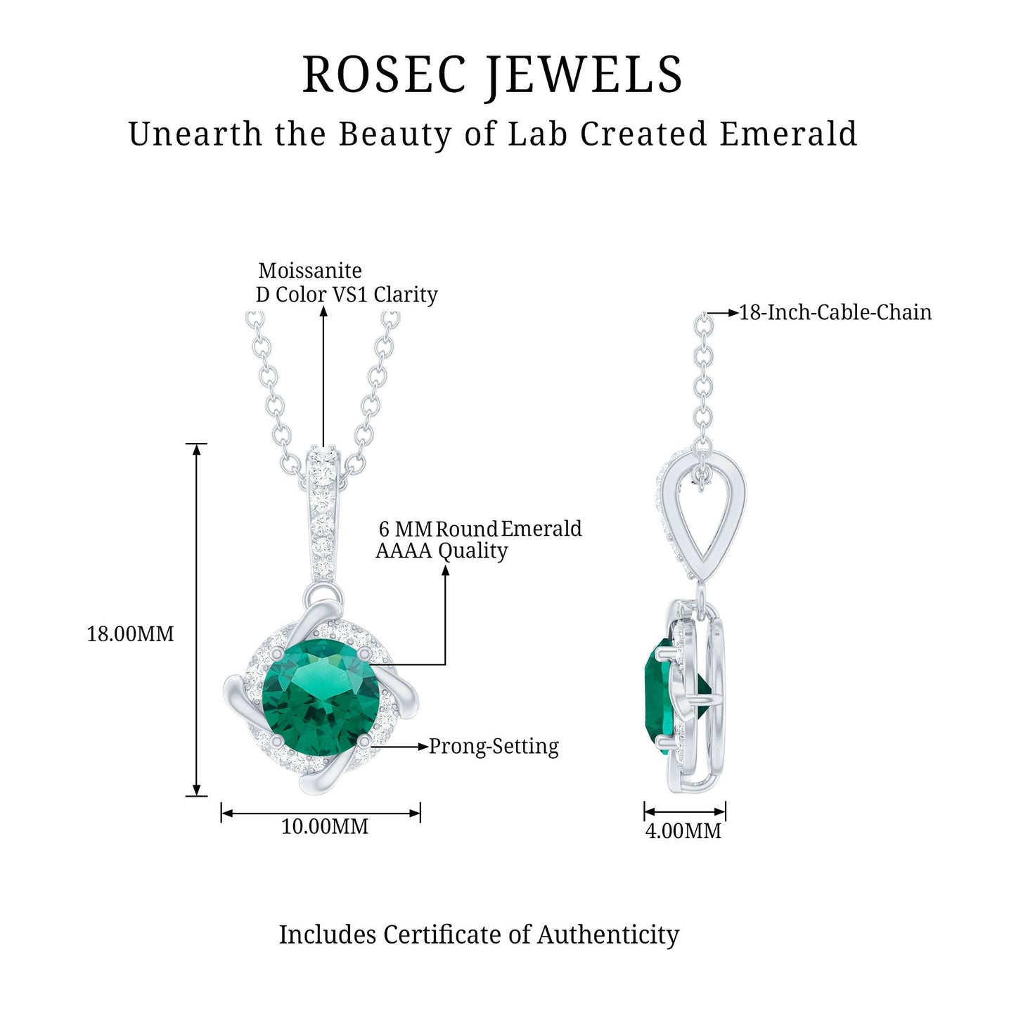 Lab Created Emerald and Moissanite Halo Necklace with Silver Chain