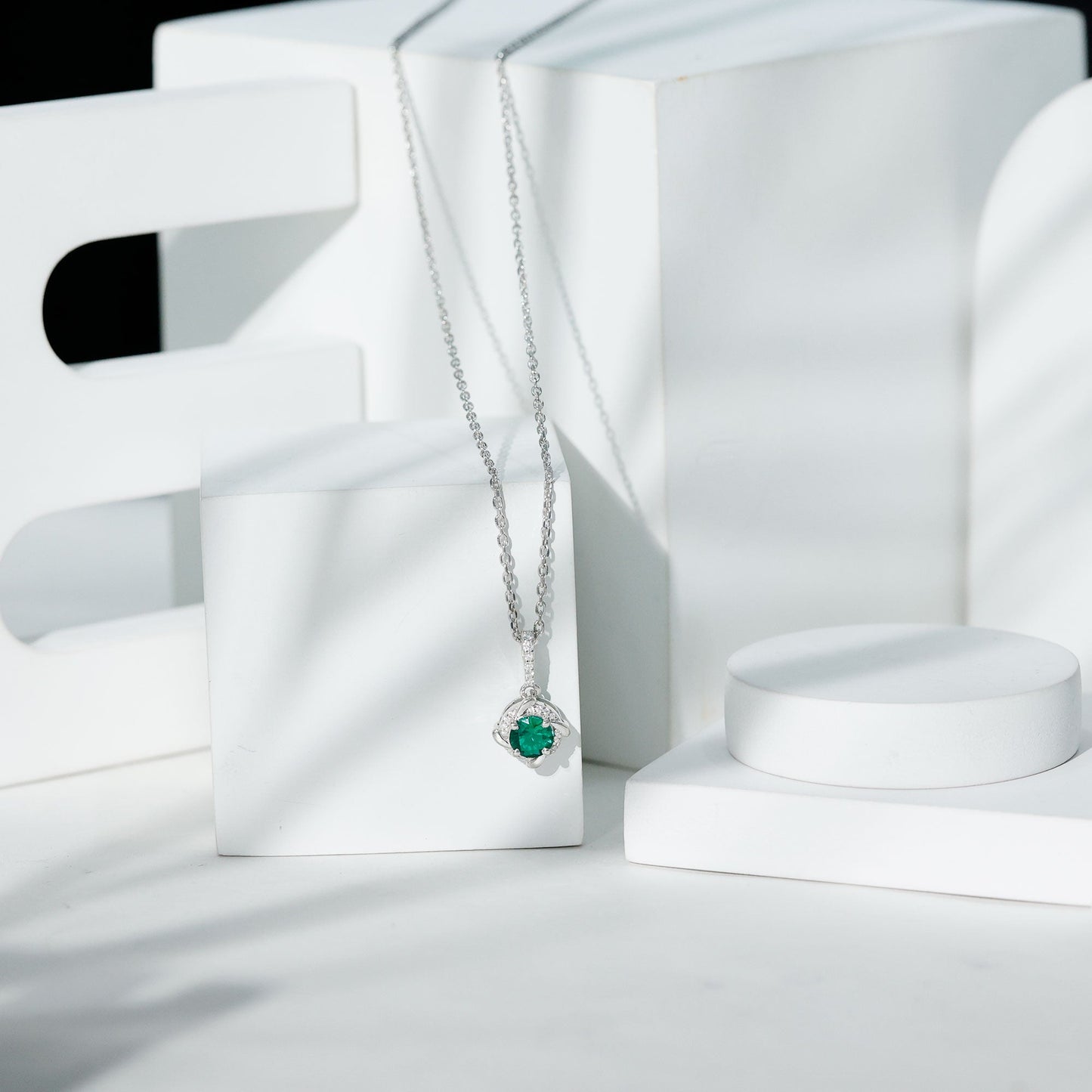 Lab Created Emerald and Moissanite Halo Necklace with Silver Chain