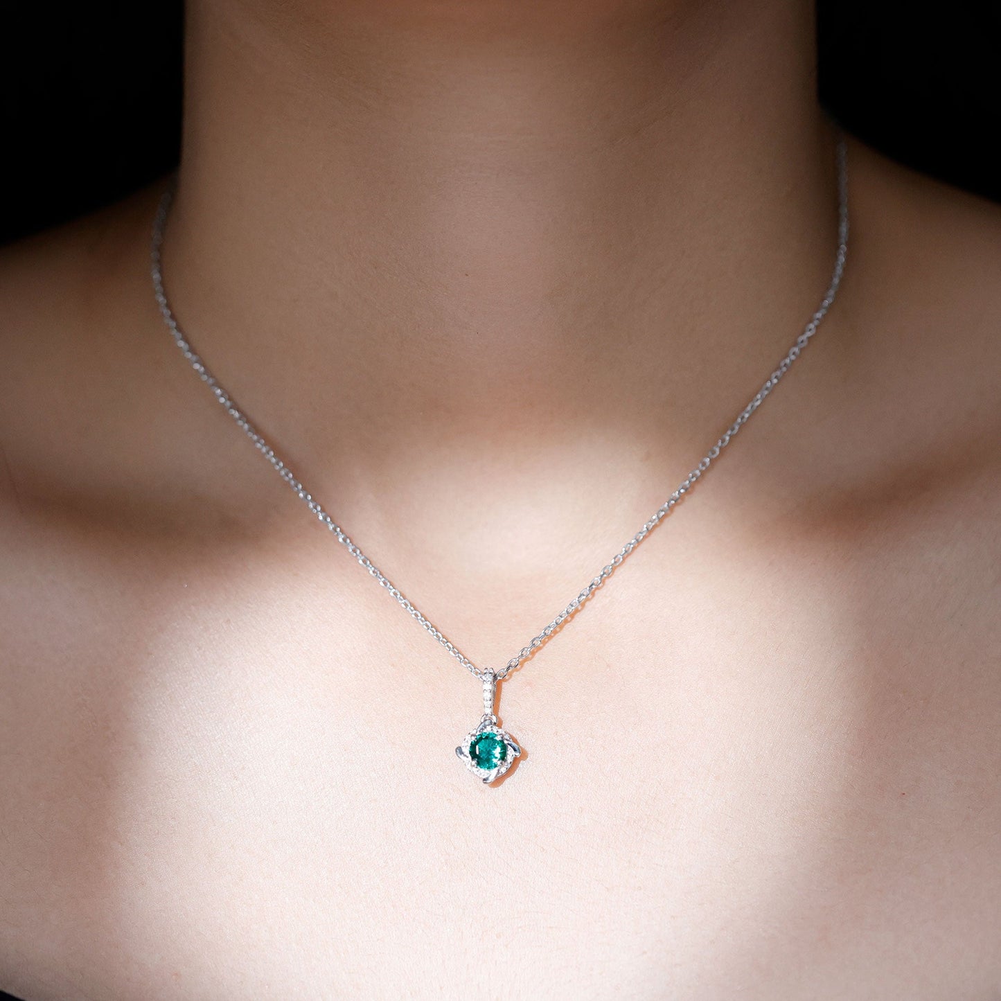 Lab Created Emerald and Moissanite Halo Necklace with Silver Chain
