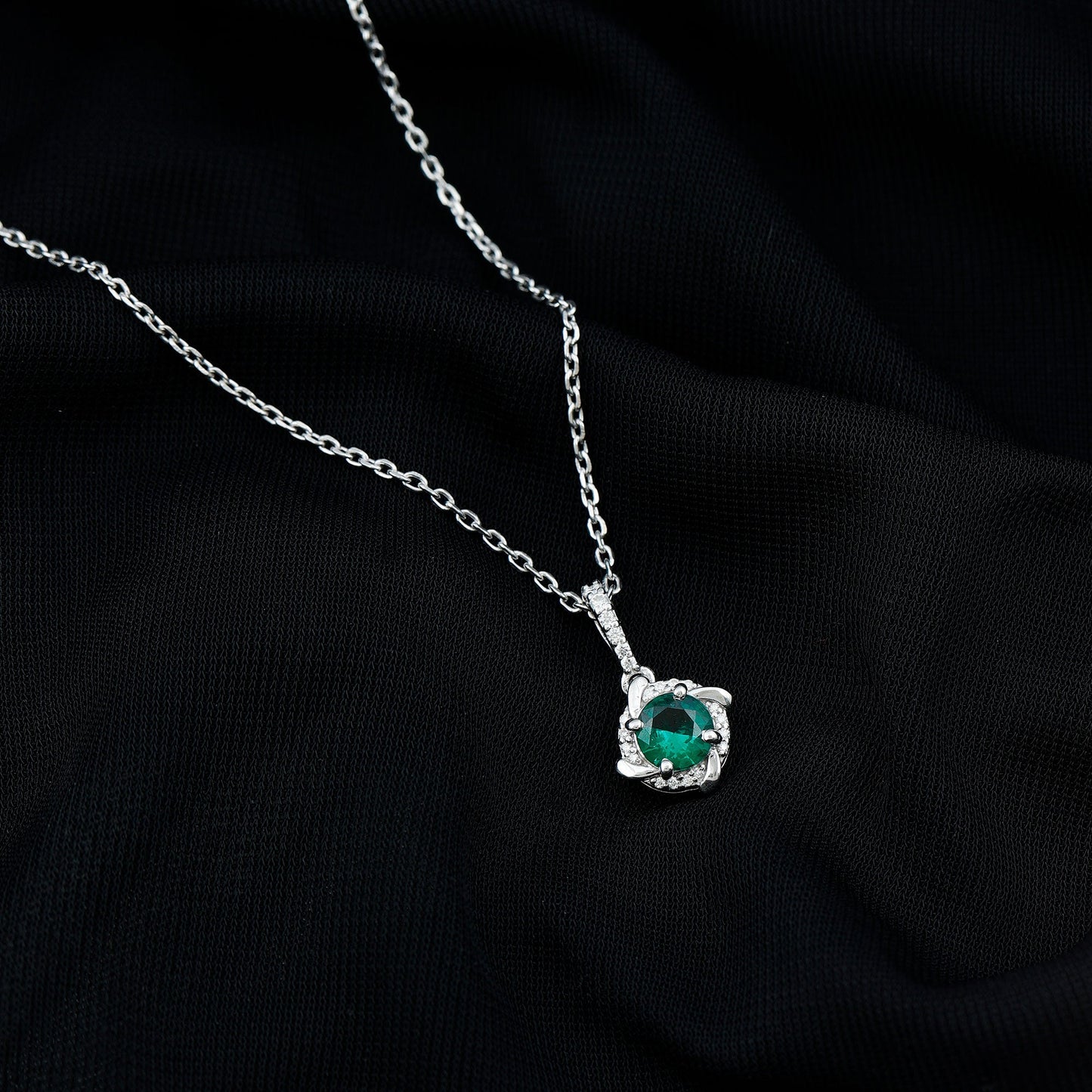 Lab Created Emerald and Moissanite Halo Necklace with Silver Chain
