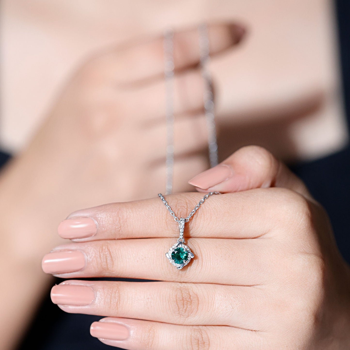 Lab Created Emerald and Moissanite Halo Necklace with Silver Chain