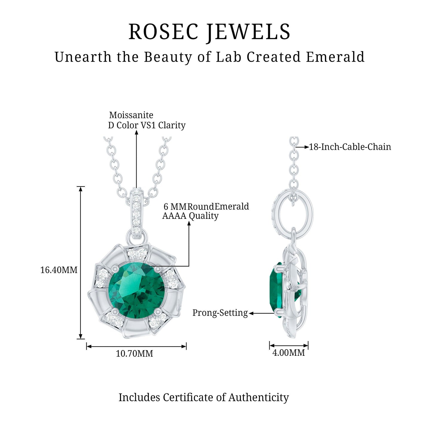 Lab Grown Emerald Moissanite Vintage Inspired Necklace with Chain