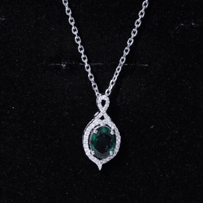 1.2 Carat Oval Cut Lab Grown Emerald Vintage Necklace in Silver