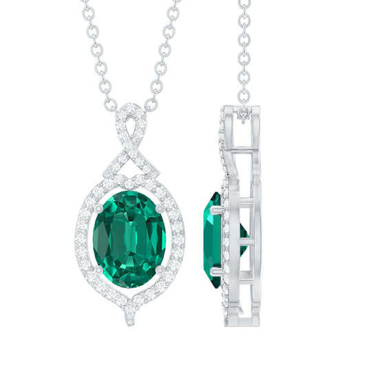 1.2 Carat Oval Cut Lab Grown Emerald Vintage Necklace in Silver
