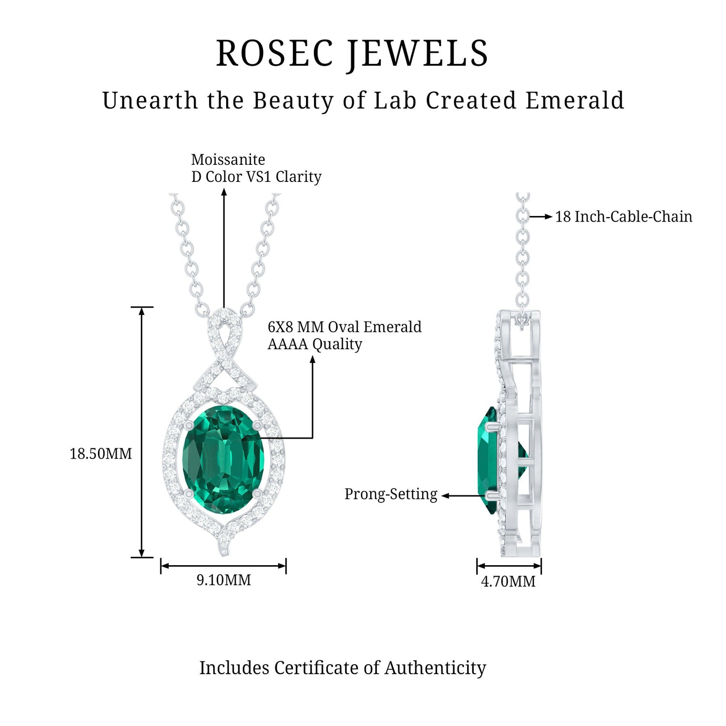 1.2 Carat Oval Cut Lab Grown Emerald Vintage Necklace in Silver