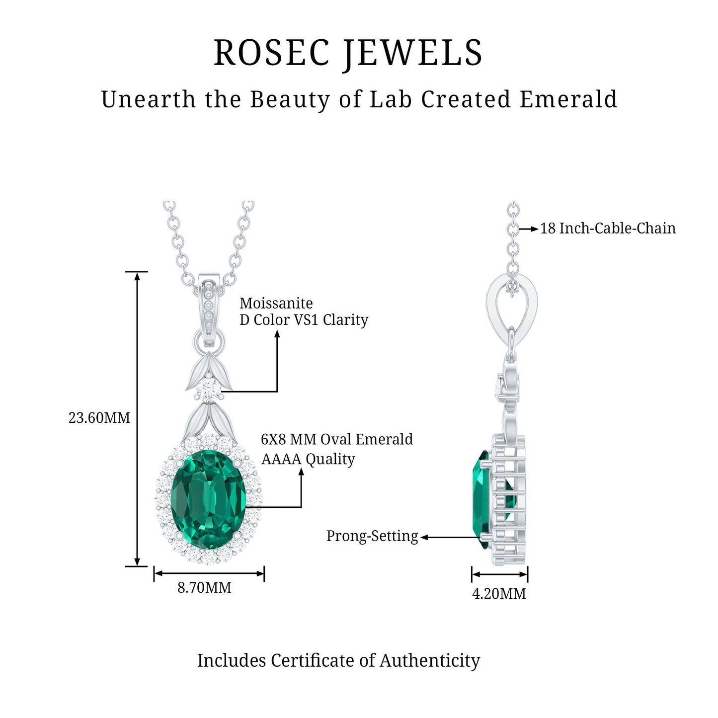 1.2 Carat Lab Grown Emerald Wedding Necklace with Silver Chain