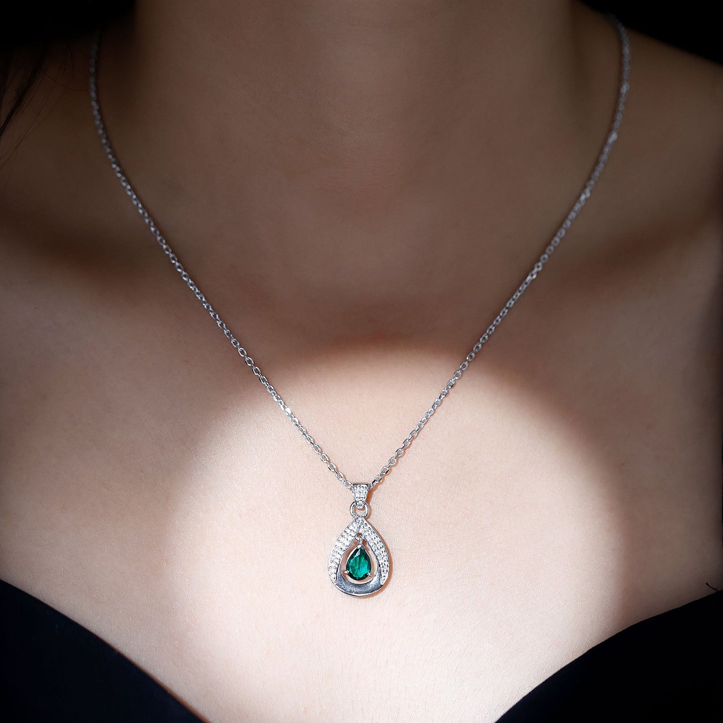 Lab Grown Emerald Bridal Drop Necklace with Silver Chain