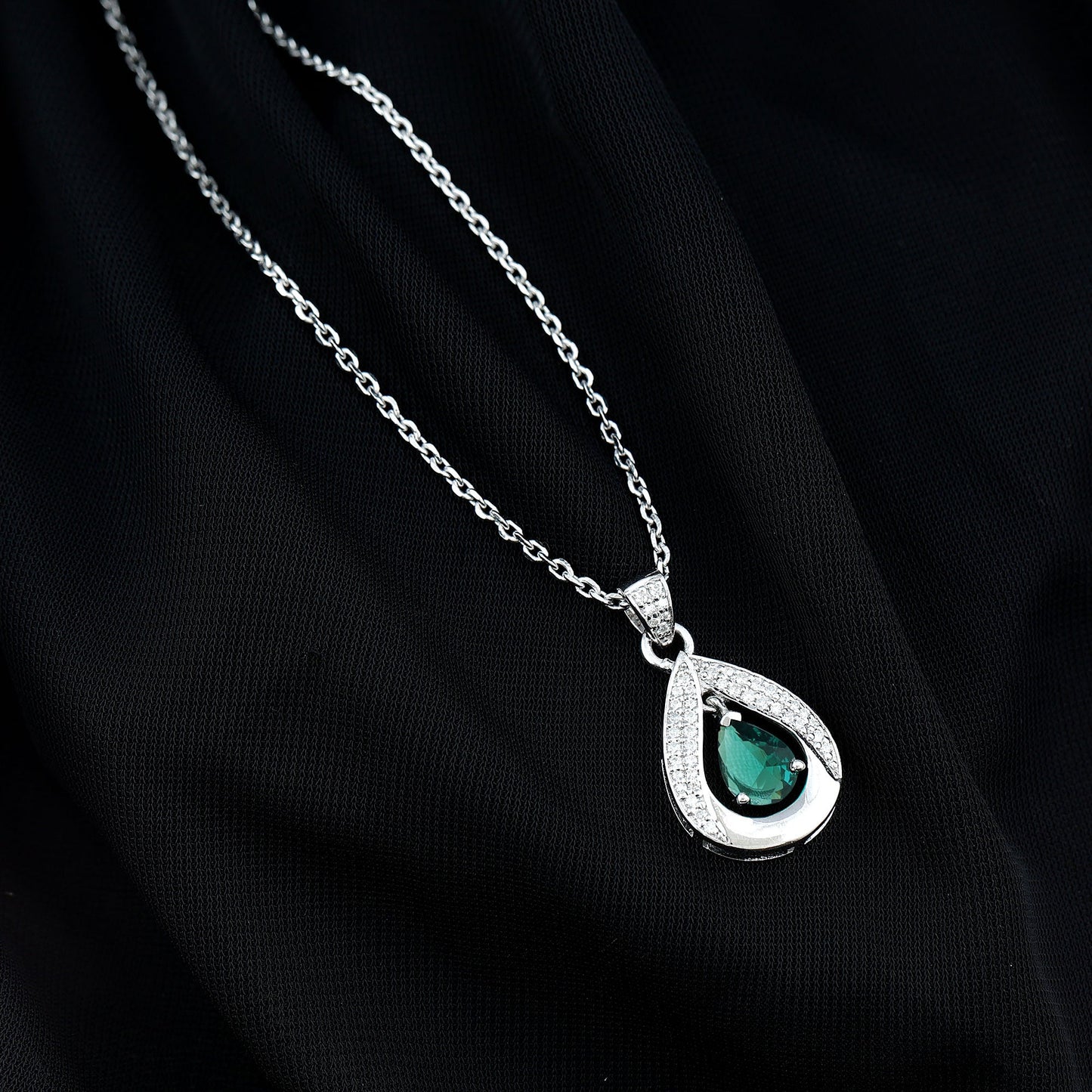 Lab Grown Emerald Bridal Drop Necklace with Silver Chain