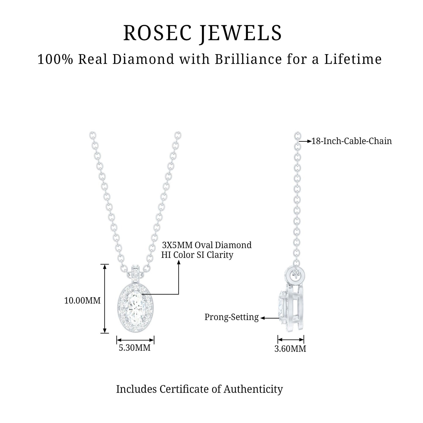 Oval Shaped Real Diamond Pendant Necklace With Chain