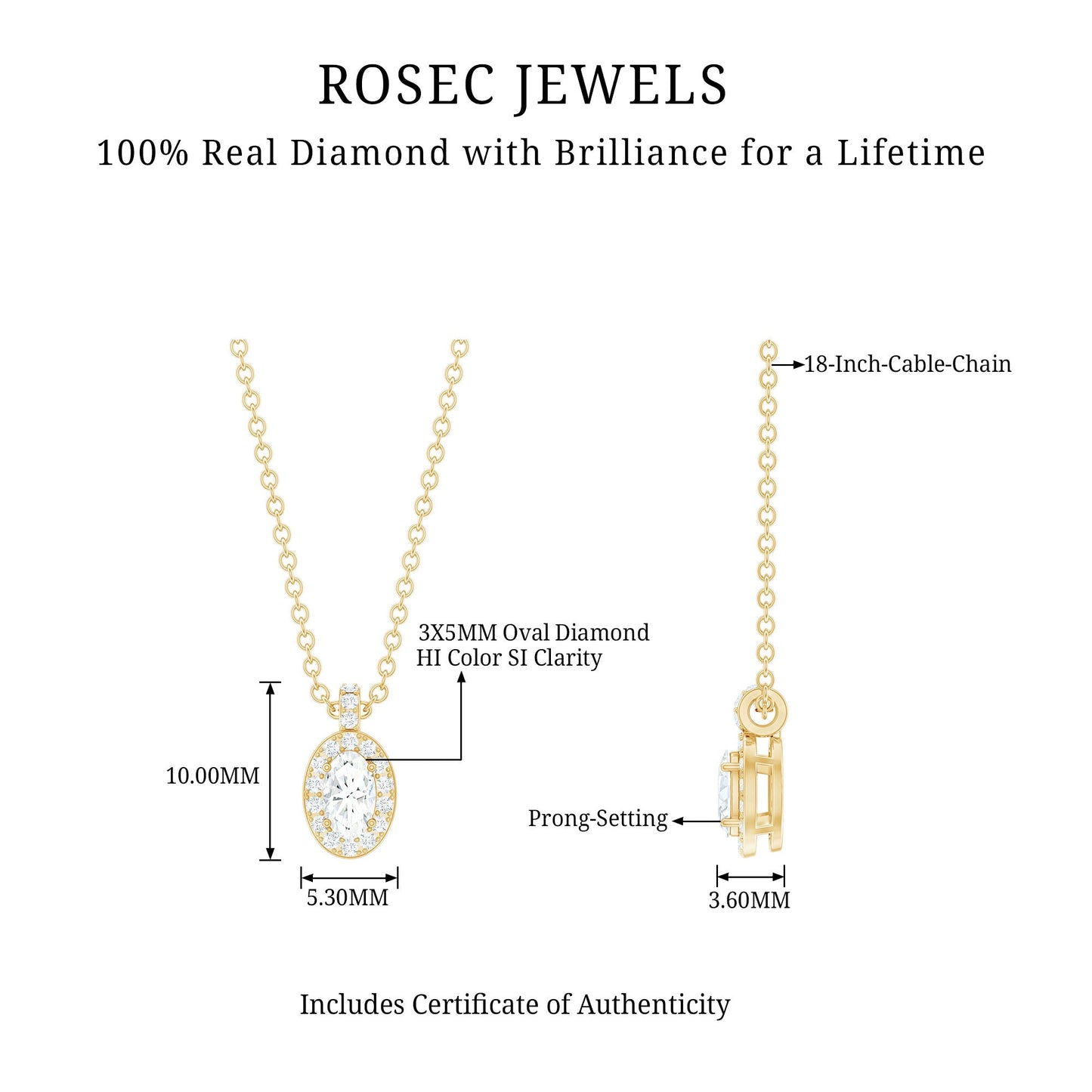 Oval Shaped Real Diamond Pendant Necklace With Chain