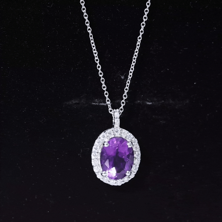 Certified 8X10MM Amethyst Oval Necklace with Moissanite Halo
