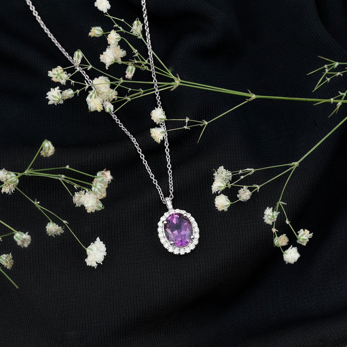 Certified 8X10MM Amethyst Oval Necklace with Moissanite Halo