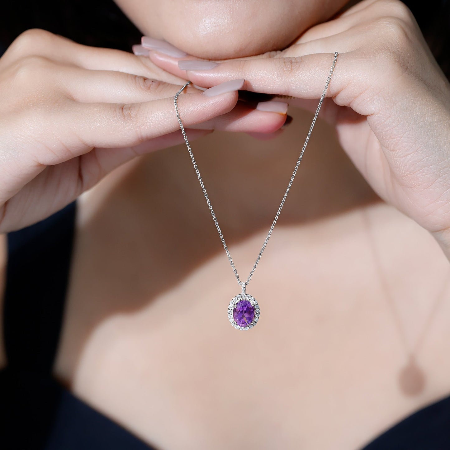 Certified 8X10MM Amethyst Oval Necklace with Moissanite Halo