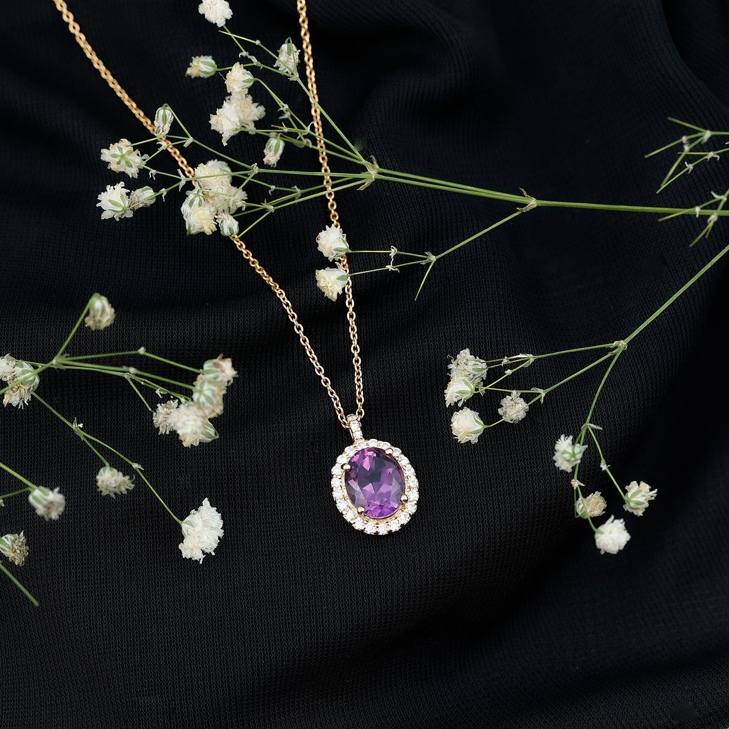 Certified 8X10MM Amethyst Oval Necklace with Moissanite Halo