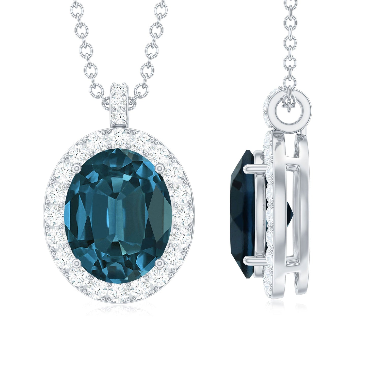 Genuine 2.5 Carat Oval Cut London Blue Topaz and Diamond Necklace