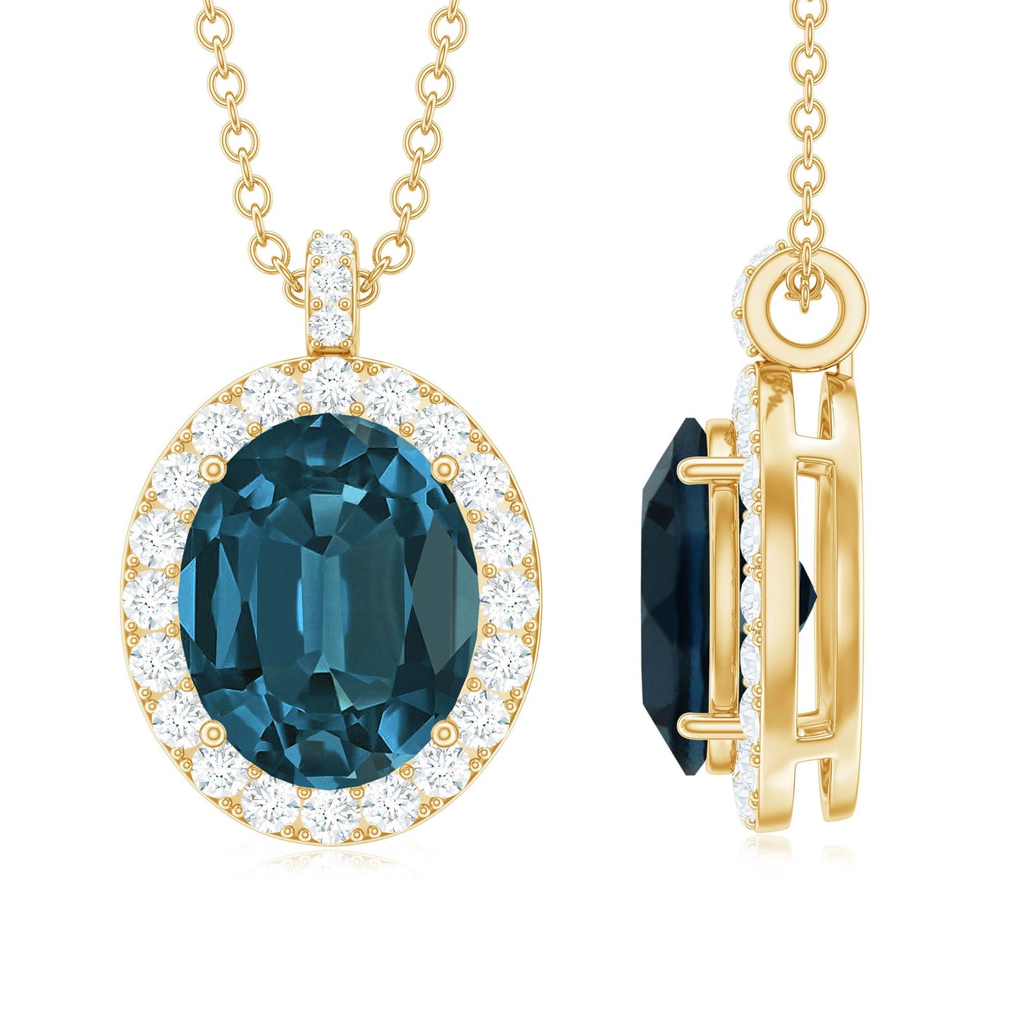 Genuine 2.5 Carat Oval Cut London Blue Topaz and Diamond Necklace