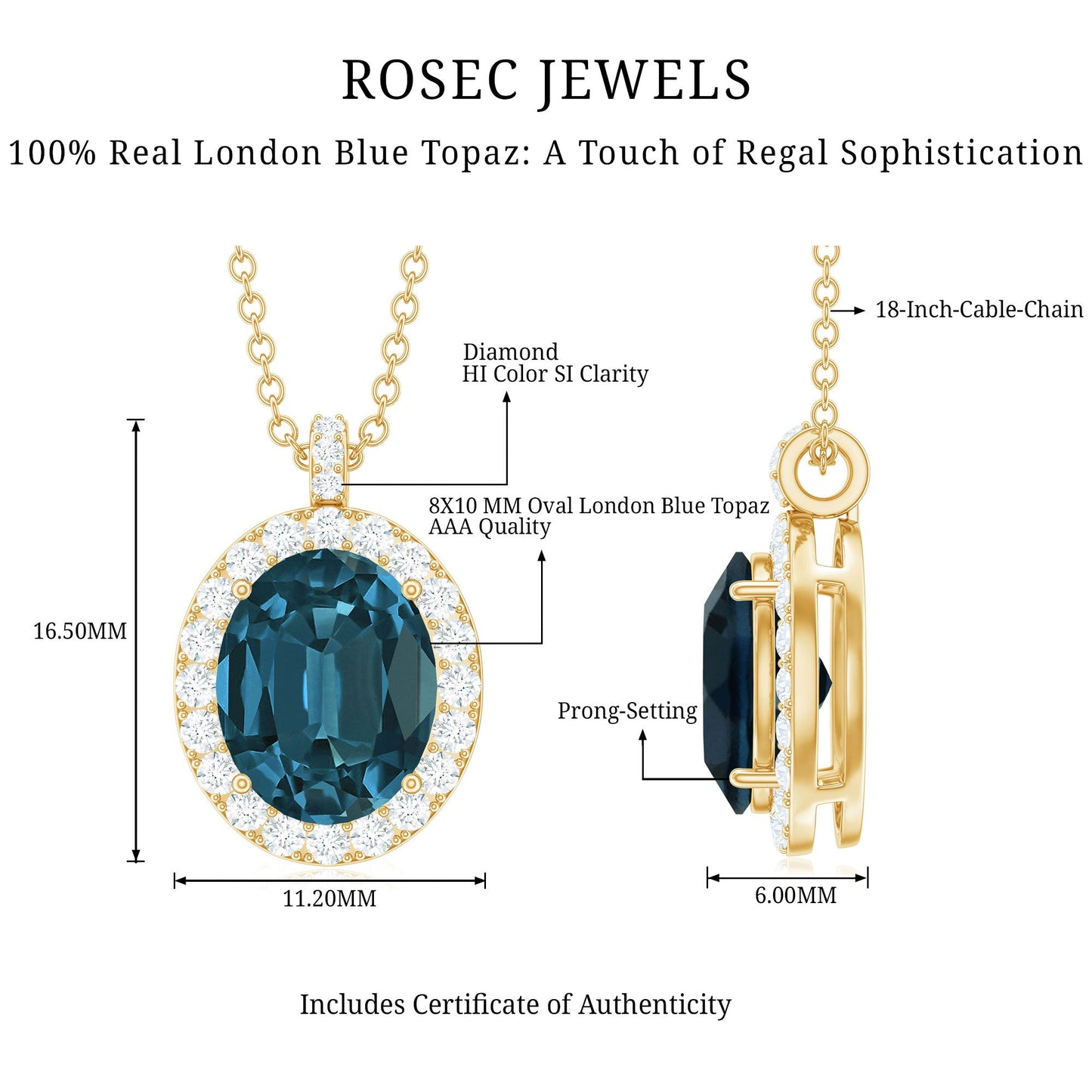 Genuine 2.5 Carat Oval Cut London Blue Topaz and Diamond Necklace