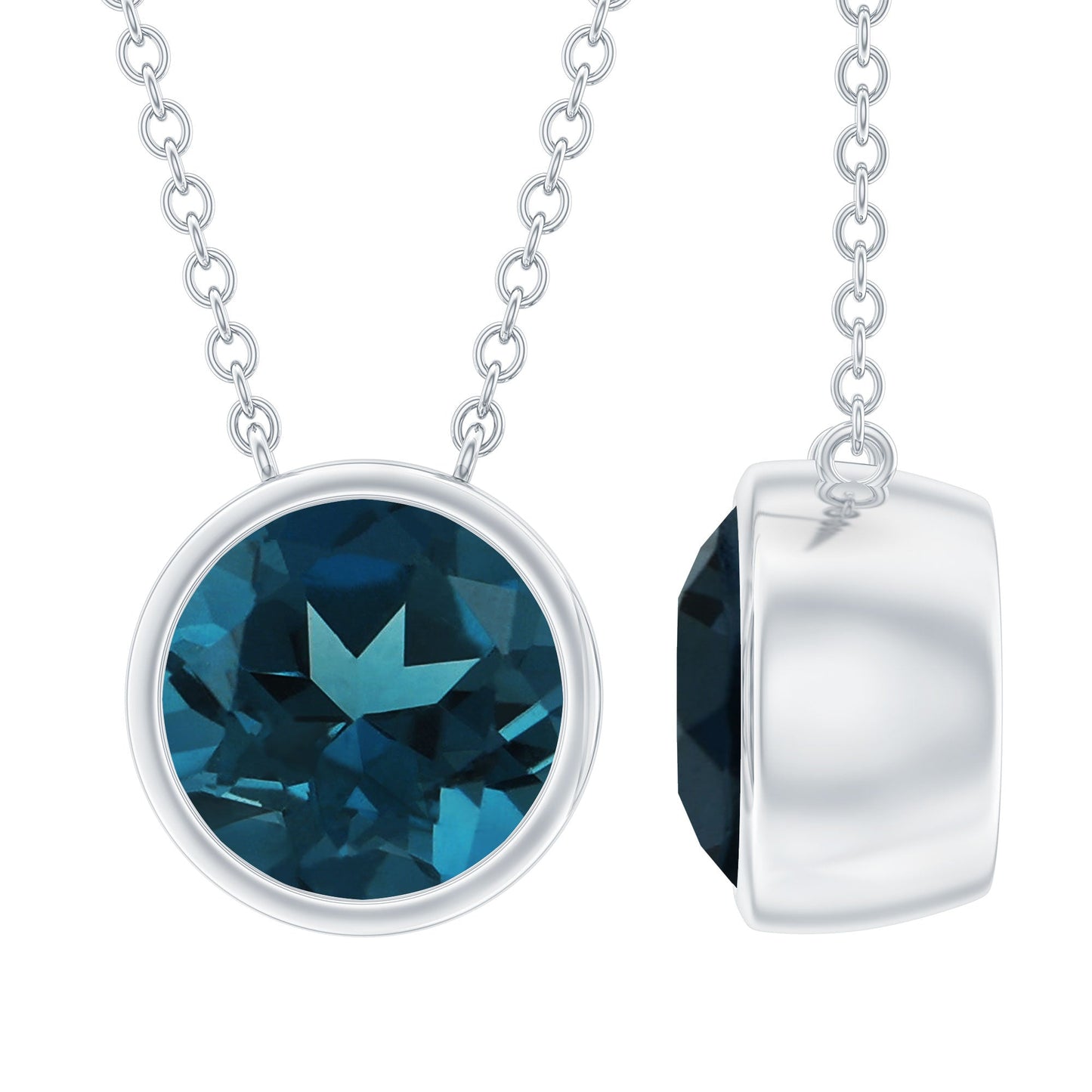 8MM Solitaire London Blue Topaz Chain Necklace in Bezel Setting