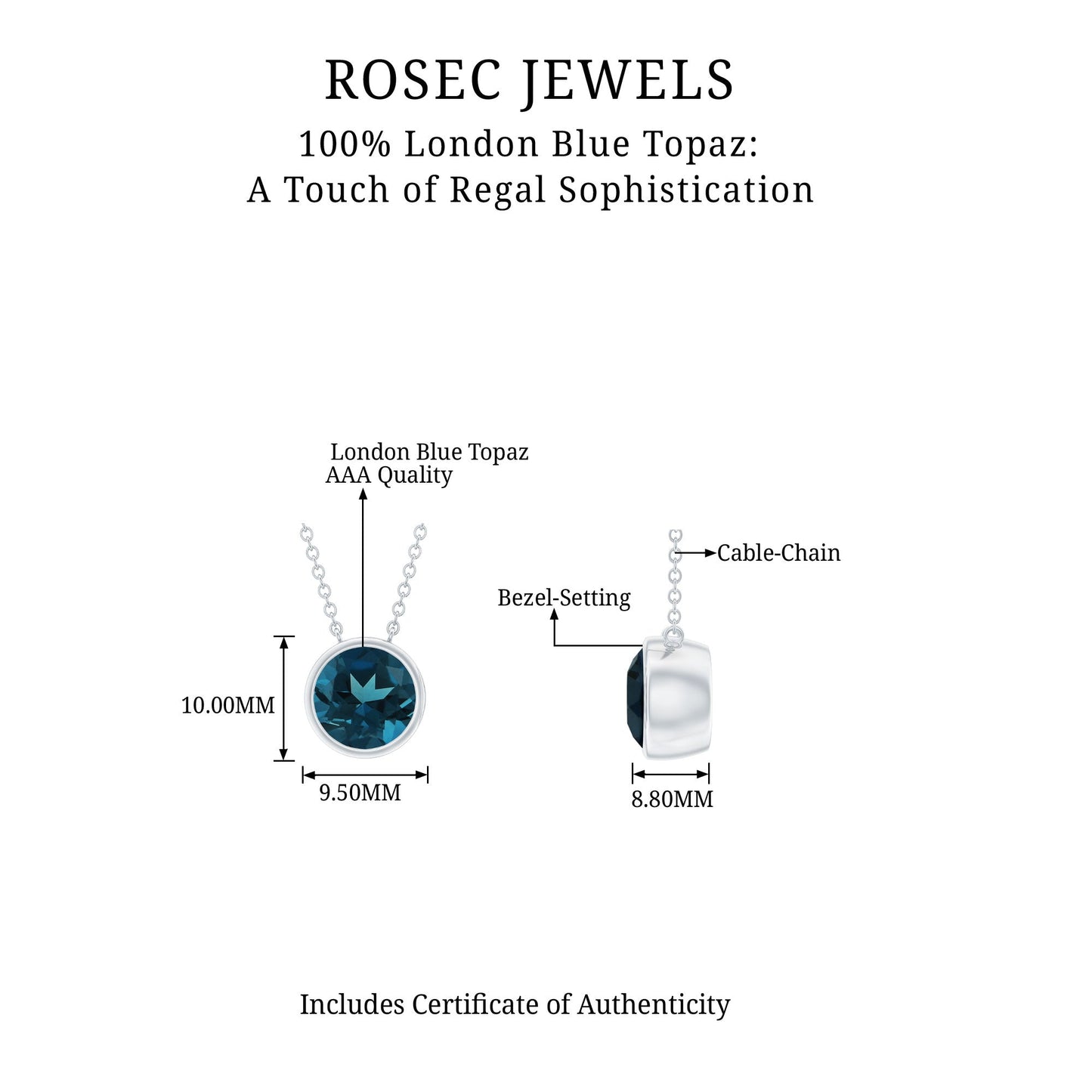 8MM Solitaire London Blue Topaz Chain Necklace in Bezel Setting
