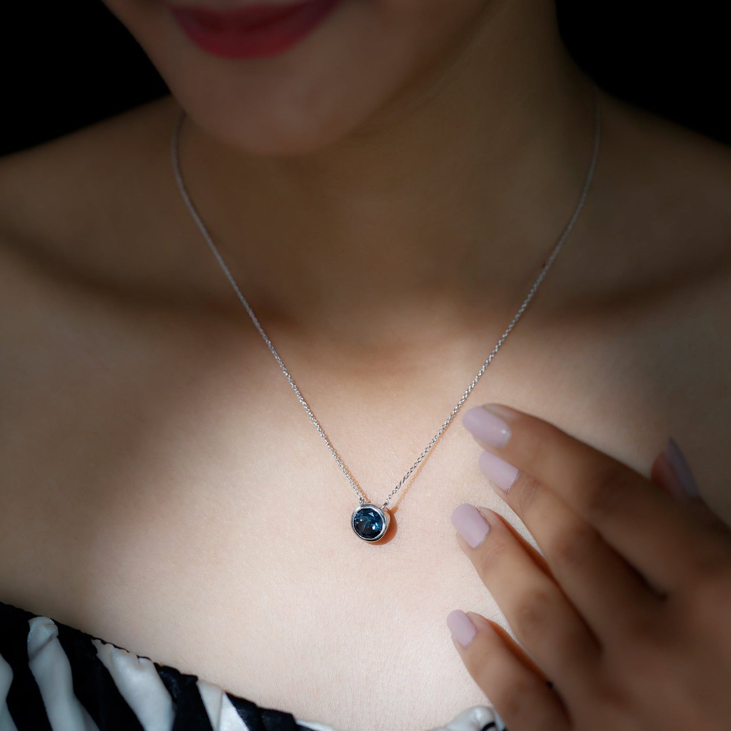 8MM Solitaire London Blue Topaz Chain Necklace in Bezel Setting